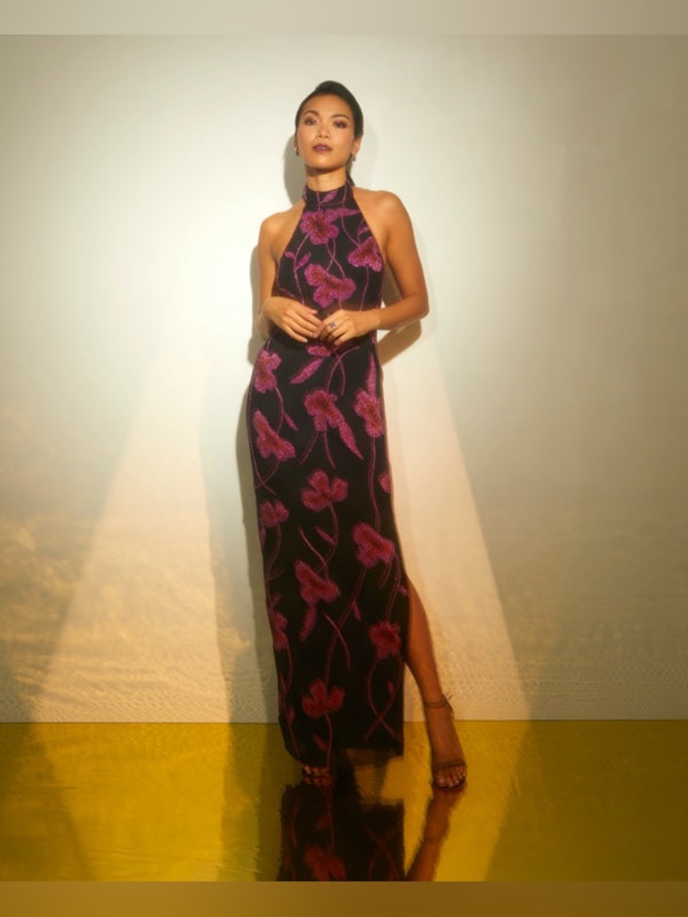 Aidan Mattox by Adrianna Papell- Beaded Floral Halter Column Gown With Mock Neck